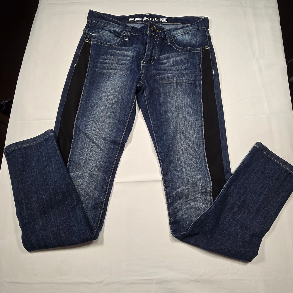 Blues‎ Society Womens Skinny Jeans Dark Wash Black Side Stripe Size 5/6 Stretch